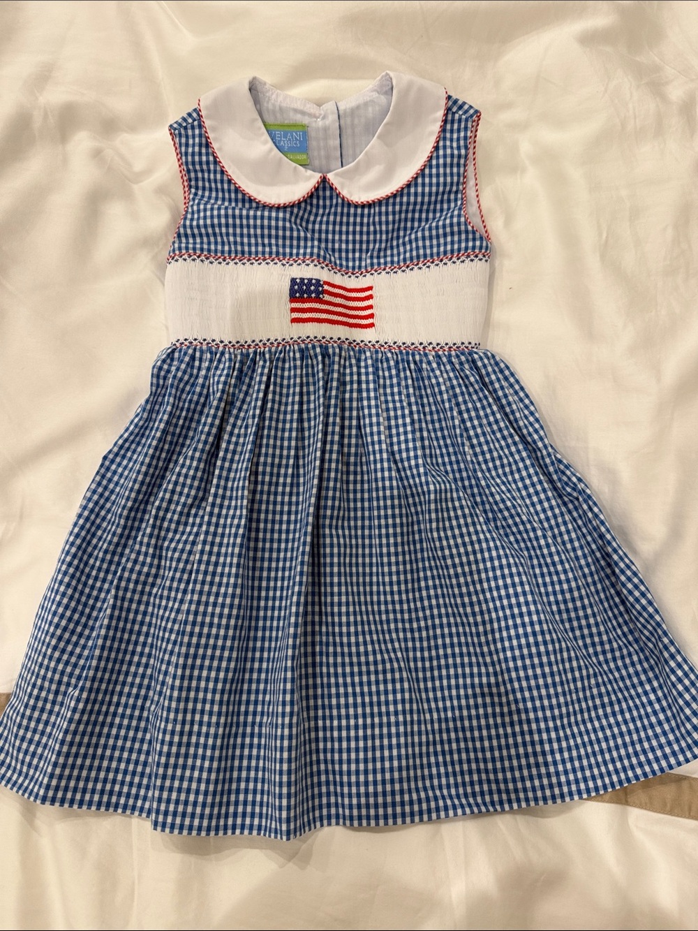 Blue Gingham Smocked Dress with USA flag, embroidery, PERFECT for the 4th!!